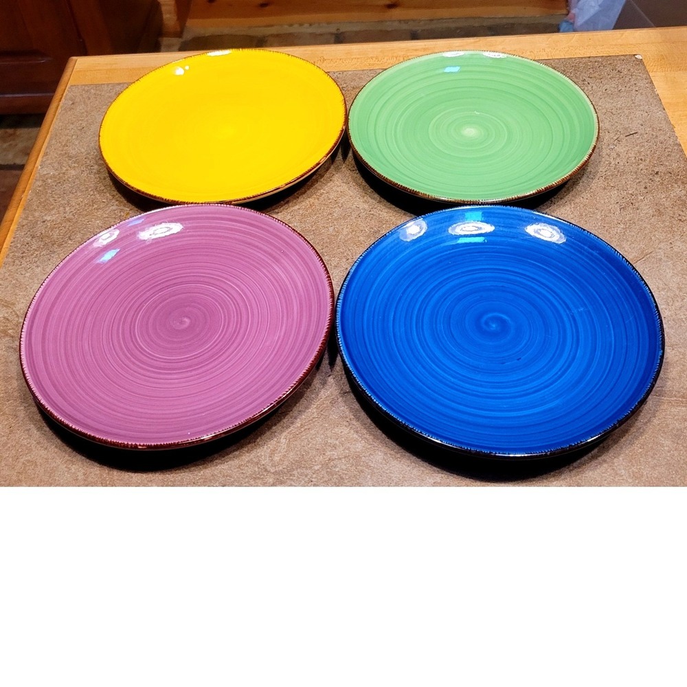 Set 4 Vancasso Stoneware Salad Plates Blue Yellow Green Purple Spiral 7.5 Inch